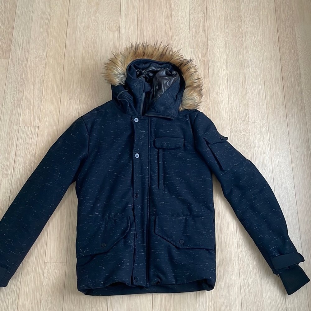 Zara Navy Blue Coat, Faux Fur Hood, size M/L